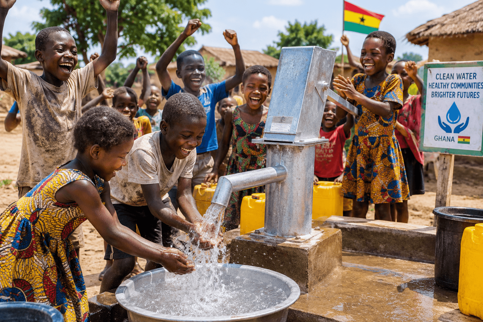 Children celebrating around a new water pump in a Ghanaian village